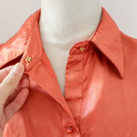 SOLD-Vintage 1950s Orange Satin Tie Front Western Crop Top / Shiny Dagger - Picture 5 of 9